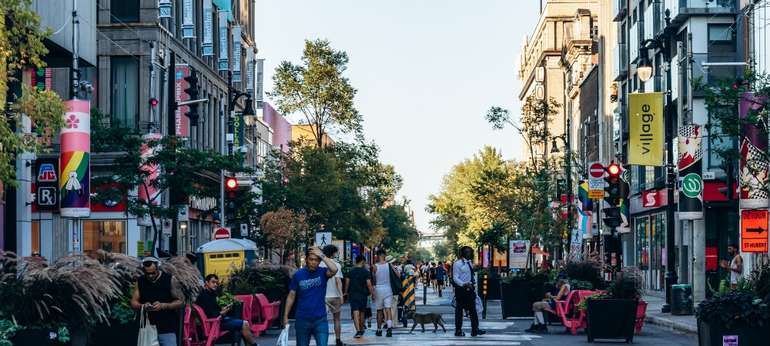 Une rue piétonne animée bordée de boutiques, où des personnes circulent librement dans un espace urbain sans voitures.